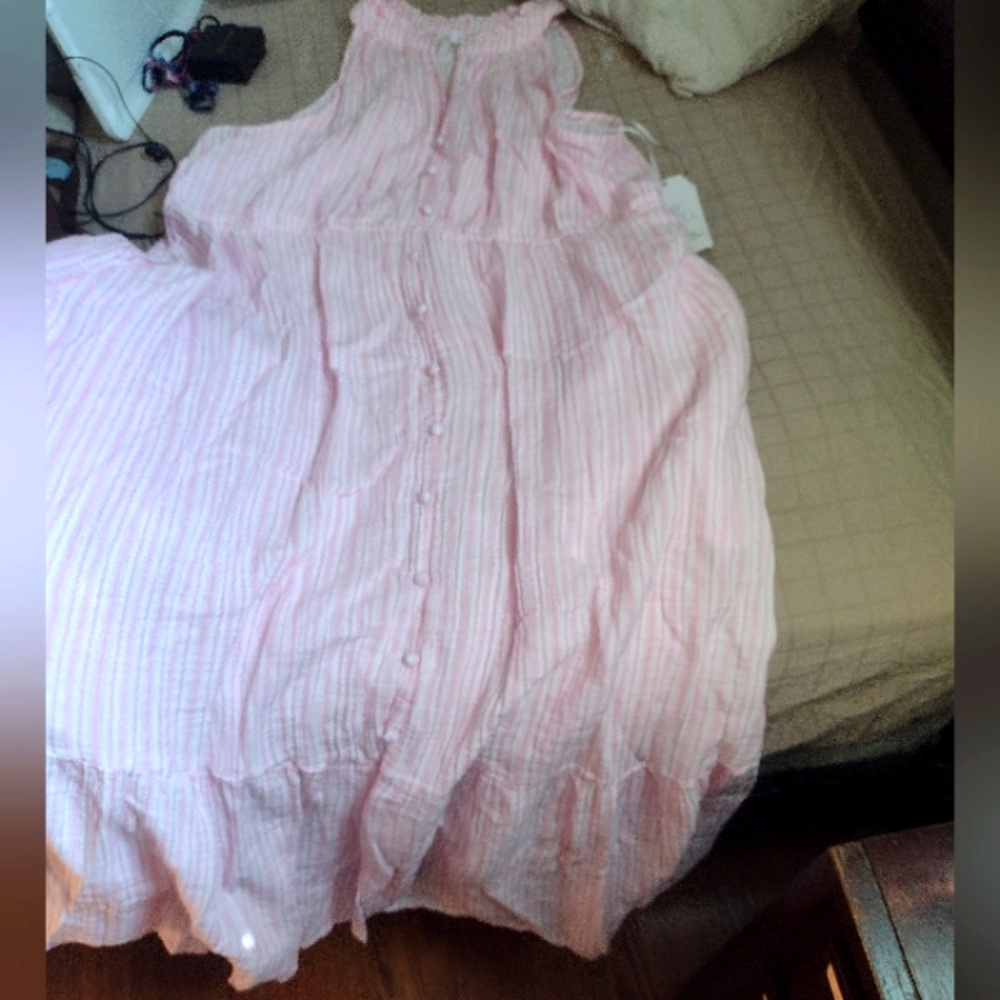 Time and tru cotton maxi dress pink white ruffles buttons XL 16/18 high neck
